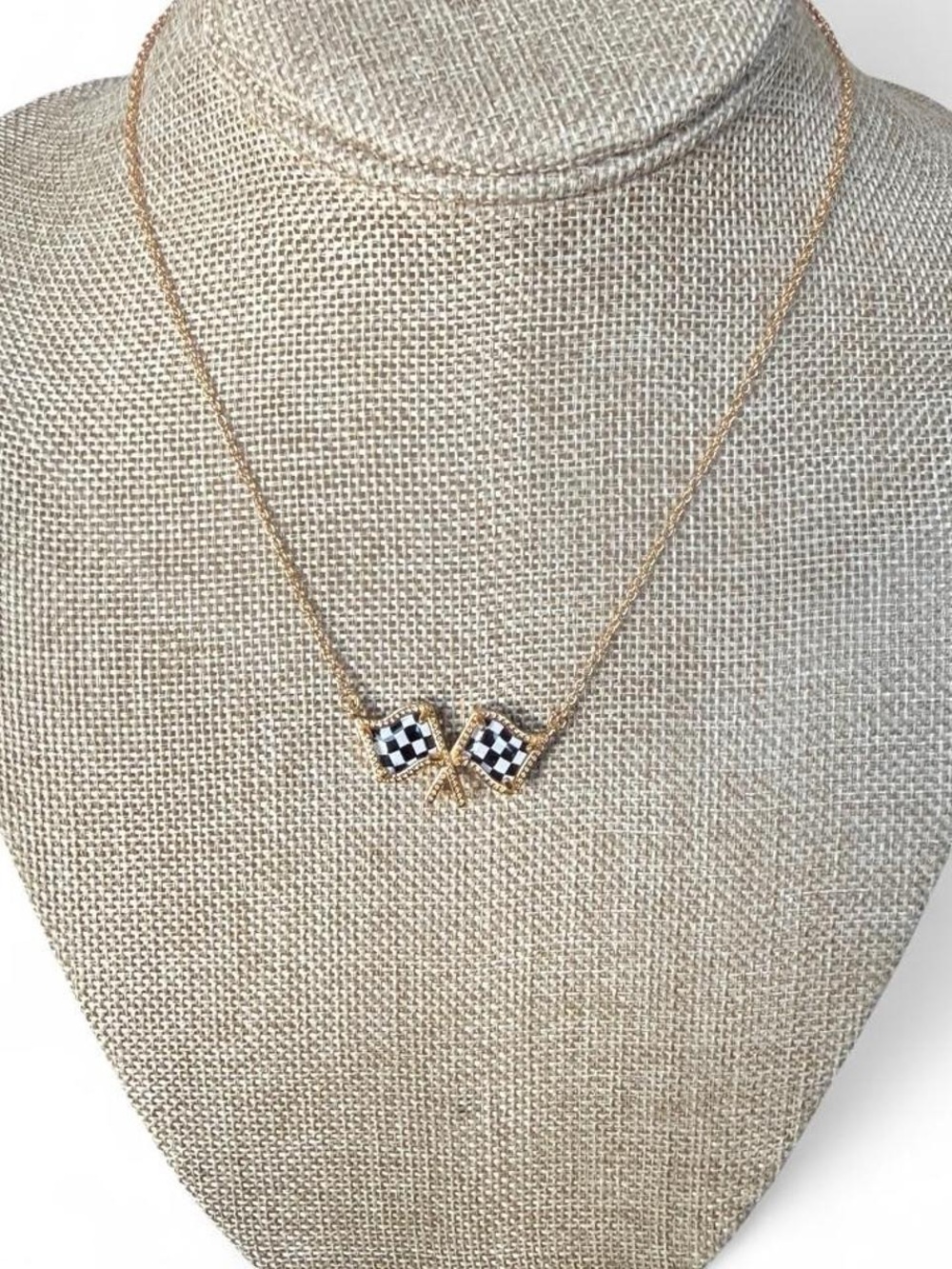 Kendra Scott Gold Racing Flag Pendant Necklace with Black & White Enamel